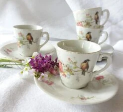 Tasses à Café En Porcelaine De Limoges - Début 20e Siècle - Décor Oiseau Thé, Café Ou Petit Cacao