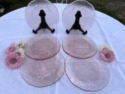 6 Assiettes à Dessert Vintage En Verre Rose Translucide Assiettes