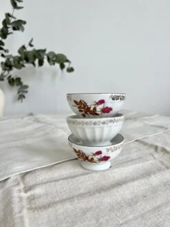 Trio De Petits Bols à Café Au Lait Vintage Porcelaine Blanche De Chauvigny Motif Fleuri Cottage Core Thé, Café Ou Petit Cacao