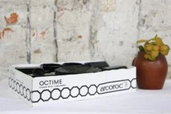 Set De 6 Tasses Et Sous Tasses Noires, Arcoroc, Série OCTIME, 1980, Vintage Français Thé, Café Ou Petit Cacao