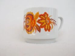 Lot De 2 Mugs Vintage à Motifs Fleurs Orange Et Feuilles Marron En Faience Italienne MONOPOLI 65 Thé, Café Ou Petit Cacao
