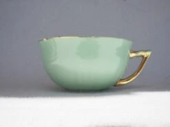 Lot De 2 DEJENEUR Faïenceries D'ORCHIES Du Nord Vert D'eau Et Doré Année 30 Thé, Café Ou Petit Cacao